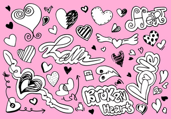 hand drawn doodles set for Valentine's Day. collection of beautiful hearts and writings Love on pink background. Vector illustration.