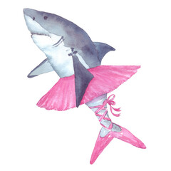 Dancing shark ballerina in a pink tutu and pointe shoes. 