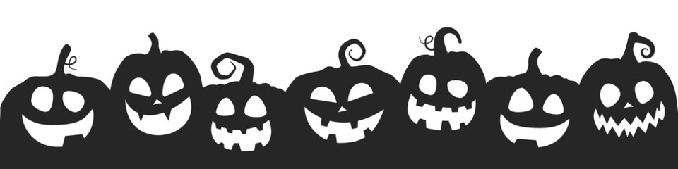 Happy Halloween banner with funny pumpkins cut silhouettes on white background. Halloween grinning pumpkins in a row. Vector illustration
