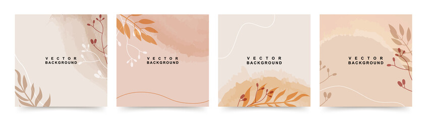 Set of autumn backgrounds. Minimal style with floral elements and watercolor texture. Editable vector template for greeting card, wallpaper, brochure, invitation, story and social media post