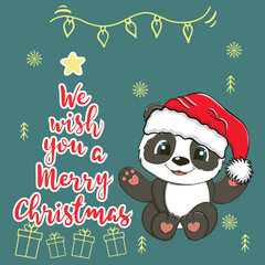 Cute cartoon panda in red Santa Claus hat postcard with congratulation letter. Vector illustration.