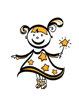 A little girl is a sorceress with a magic wand, a painted image. Vector isolated illustration