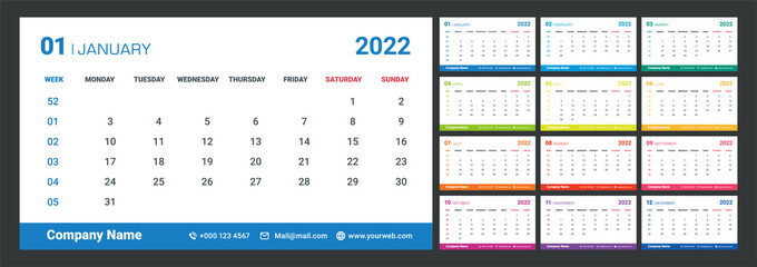 2022 Weekly Planning Calendar. Colorful set.
