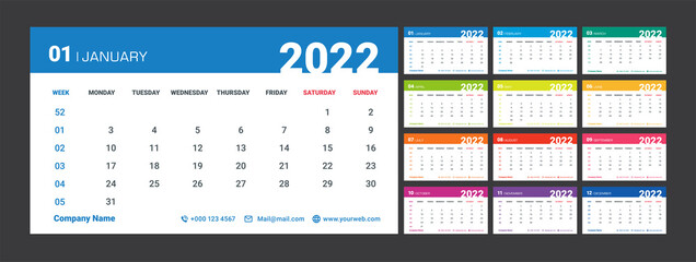 2022 Weekly Planning Calendar. Colorful set.