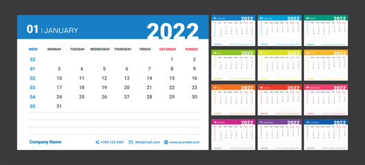 Calendar 2022 template planner Vector new year calender, simple style and colorful,Holiday event planner,12 month annual timetable diary. Memo Space.