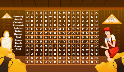 Ancient egypt word search riddle for kids with boy archeologist inside pyramide and mummy - obrazy, fototapety, plakaty