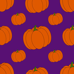 Seamless Halloween pumpkin pattern. Orange pumpkin on purple background. Cute pattern for wrapping paper, textile prints, wallpapers.Vector illustration