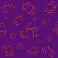 Seamless Halloween pumpkin pattern. Orange pumpkin on purple background. Line art. Cute pattern for wrapping paper, textile prints, wallpapers.Vector illustration