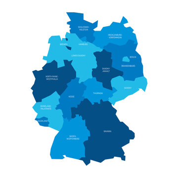 Blue political map of Germany. Administrative divisions - federal states and 3 city-states - Berlin, Bremen and Hamburg. Simple flat vector map with labels