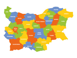 Colorful political map of Bulgaria. Administrative divisions - provinces. Simple flat vector map with labels.