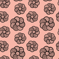 Seamless pattern with hand drawn flowers with ornaments. Brown objects on pink background. Vector illustration.