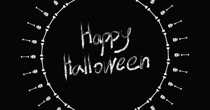 Halloween animated rotating round frames on black background. Animation with bones, skulls and hand written words "Happy Halloween". Footages for video and motion design.