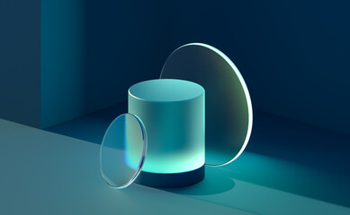 3d render geometric background. Abstract blue neon glowing cylinders. Transparent glass minimal podium mockup with empty space for promotion, product show presentation.
