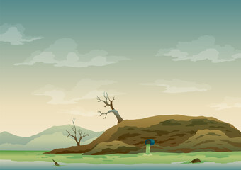 Landscape with ecological disaster. Trash emission to river water. Polluted earth. Contaminated land with dead trees, polluted environment. Ecology problem concept in flat style