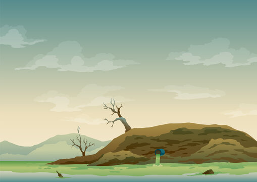 Landscape with ecological disaster. Trash emission to river water. Polluted earth. Contaminated land with dead trees, polluted environment. Ecology problem concept in flat style