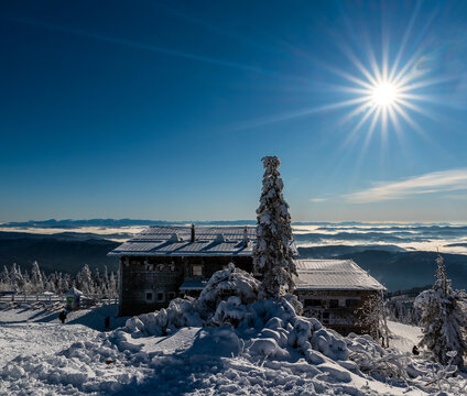Bezrucova chata on Lysa hora hill in winter Moravskoslezske Beskydy mountains in Czech republic