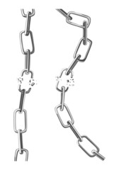 Fototapeta na wymiar Two broken steel chain links. Symbol of security and destruction. Freedom, disruption strong metal shackles concept. Vector illustration in flat style on white background