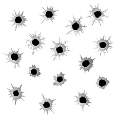 Bullet holes set. Ragged hole, damage and cracks on surface from bullet in monochrome color. Vector illustration isolated on white background - obrazy, fototapety, plakaty