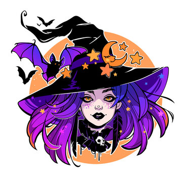 halloween composition of cartoon witch in hat, bats and moon