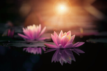 Pink lotus flower in water with sunshine
