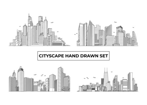 Set of City Landscape Sketch Hand Drawn Illustration Background