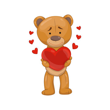 Teddy bear. Cute brown cartoon animal. Funny symbol in love. Vector sticker. Template for print or greeting card