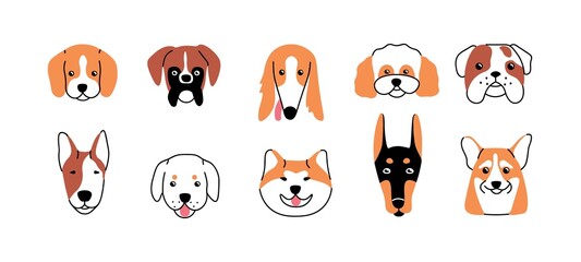 Fototapeta premium Dog avatars set. Cute funny faces and heads of doggies. Canine portraits of happy puppies with adorable snouts. Line art pups of different breeds. Flat vector illustration isolated on white background