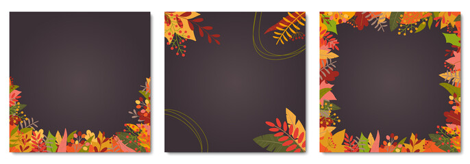 Autumn or Fall background set with colorful leaves. Square banner or leaf frame or border templates for flyer, sale, thanksgiving posters, promotion cards, social media posts. Vector illustration.