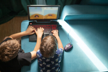 two boys playing on laptop on sofa