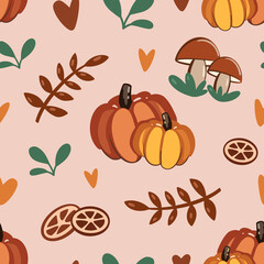 Vector seamless pattern. Subject illustration: pumpkins, citruses, mushroom, little hearts and autumn leaves. Thanksgiving theme
