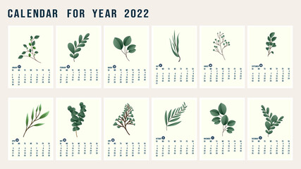 Calendar for 2022  design with green floral and leaf template isolated on a white background. Sunday to Monday,  Flat cartoon flat style. illustration Vector EPS 10