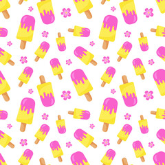 Funny seamless pattern with colorful ice creams on stick. Yellow, pink and white colors. Positive summer mood. Endless design. Print for textile, clothes, gift wrap, cards, design and decor