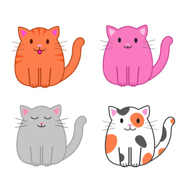 Set of funny cartoon cats, cute vector illustration in flat style. Different colorful cats. Smiling fat kitten. Positive print for sticker, cards, clothes, textile, design and decor