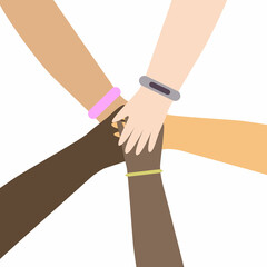 A poster depicting the hands of people of different nationalities stacked together. Vector illustration.