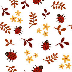 Vector seamless pattern. Subject illustration: leaves and ladybug on a White background. Autumn theme