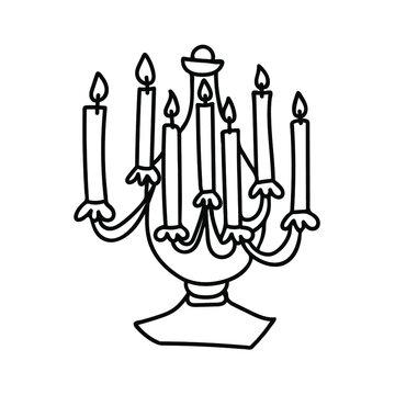 Vector Chandelier For Halloween With Black Line On White Background In Doodle Style.Holiday,horror,scary Illustration For All Saints Day Hand Drawn.Designs For Invitations,social Media,packaging.