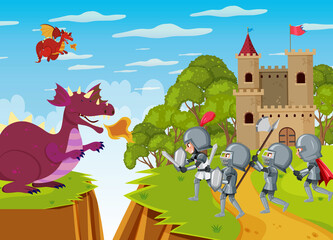 Knights fight with dragon at the castle