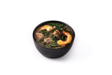 Beef,okra stew and spinach soup in bowl isolated on white background