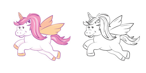 A cute winged unicorn, in shades of pastel pink, black and white version to color in. Printable activity pages for children. EPS10 vector format
