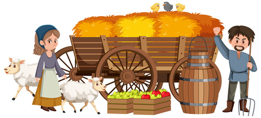 Couple medieval peasants with haystack in a cart © brgfx