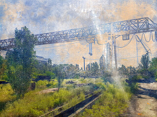 Gantry crane against the sky. Sun glare. Sun glare. Overgrown with grass and shrubs warehouse. Abandoned factory or warehouse. Industrial ruins. Digital watercolor painting