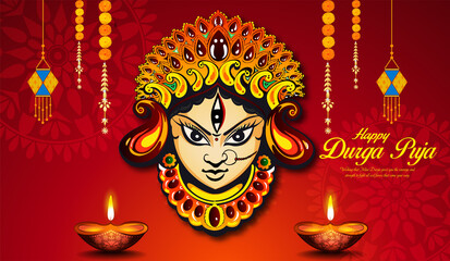 
Illustration of Goddess Maa Durga in Happy Dussehra Navratri background Template Design celebrated in Hindu Religion and festival of durga puja