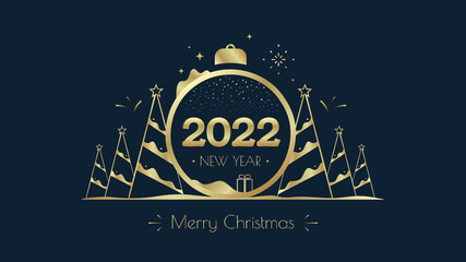 Happy New Year 2022 numbers typography greeting card design with stylized Golden ball, Xmas tree, and decoration on dark background. Merry Christmas illustration in golden color.