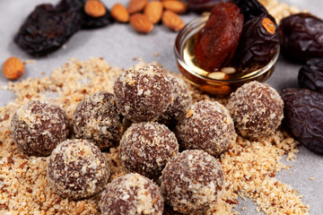 Homemade Energy balls. Healthy sweets or fitness snack without sugar, close-up.