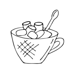 A cup of cocoa or coffee with marshmallows. Doodle illustration for postcards, the Internet, messages, icons, advertising, menus in a cafe or restaurant. A symbol of warmth in a cold winter.