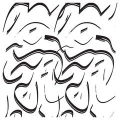 Black paint brush strokes vector seamless pattern. Hand drawn curved and wavy lines with grunge circles. brush scribbles decorative texture. Messy doodles, bold curvy lines illustration.