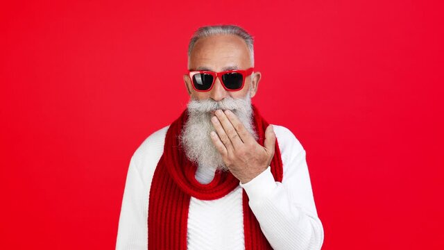Crazy funny grandpa santa make mistake hand close lips oops guilty gesture
