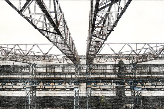 Industrial Landscape. Factory metalwork. Bridge cranes, metal trusses over production areas. Digital watercolor painting