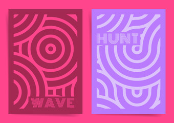 Vintage Geometric posters or covers set. Retro Vector illustration in bright pink and lilac colors.