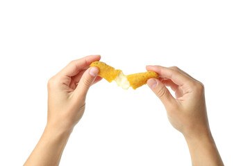 Female hands hold cheese stick, isolated on white background